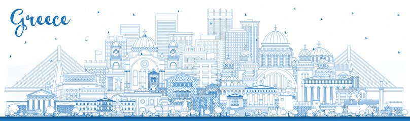 Fototapeta premium Outline Welcome to Greece City Skyline with Blue Buildings.