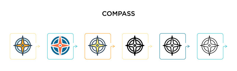 Compass symbol vector icon in 6 different modern styles. Black, two colored compass symbol icons designed in filled, outline, line and stroke style. Vector illustration can be used for web, mobile, ui