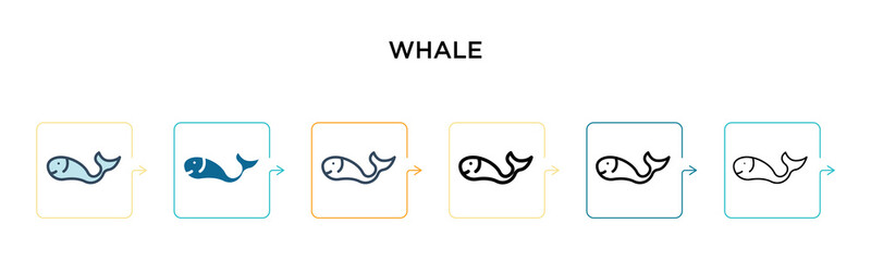 Whale vector icon in 6 different modern styles. Black, two colored whale icons designed in filled, outline, line and stroke style. Vector illustration can be used for web, mobile, ui