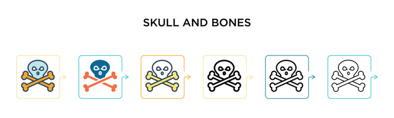 Skull and bones vector icon in 6 different modern styles. Black, two colored skull and bones icons designed in filled, outline, line and stroke style. Vector illustration can be used for web, mobile,