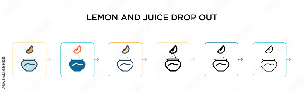 Poster lemon and juice drop out vector icon in 6 different modern styles. black, two colored lemon and juic