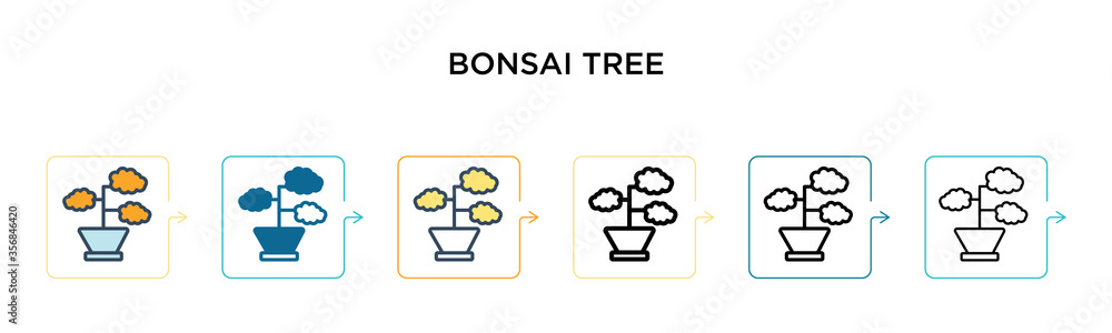 Poster bonsai tree vector icon in 6 different modern styles. black, two colored bonsai tree icons designed 