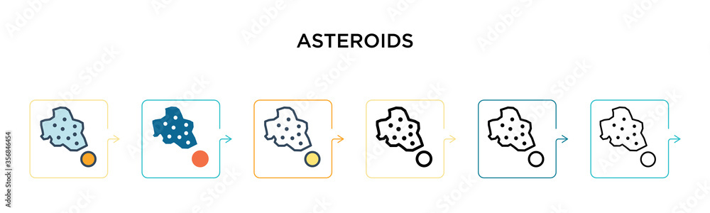 Poster asteroids vector icon in 6 different modern styles. black, two colored asteroids icons designed in f