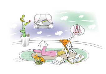 girl lying on floor and daydreaming