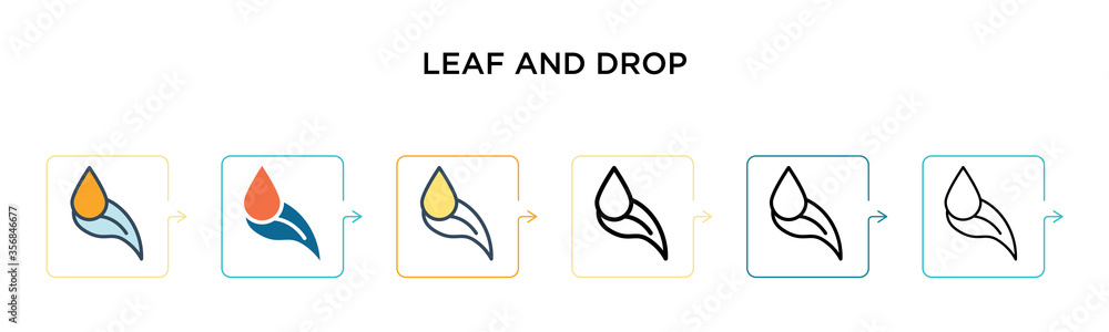 Poster leaf and drop vector icon in 6 different modern styles. black, two colored leaf and drop icons desig