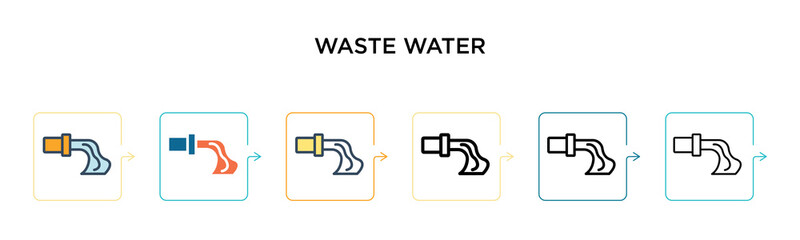Waste water vector icon in 6 different modern styles. Black, two colored waste water icons designed in filled, outline, line and stroke style. Vector illustration can be used for web, mobile, ui