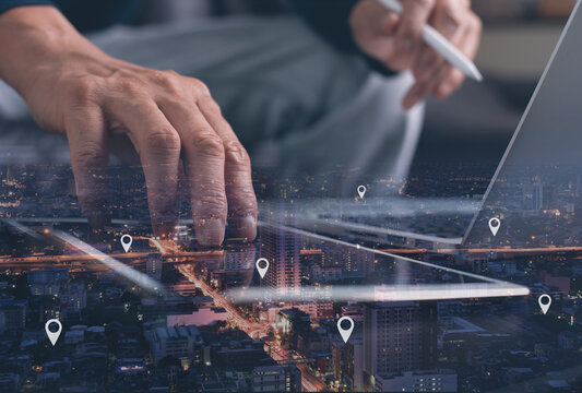 Man searching and pinning location on digital map or gps application