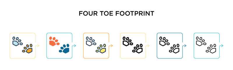 Four toe footprint vector icon in 6 different modern styles. Black, two colored four toe footprint icons designed in filled, outline, line and stroke style. Vector illustration can be used for web,