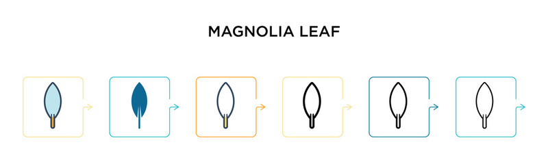 Magnolia leaf vector icon in 6 different modern styles. Black, two colored magnolia leaf icons designed in filled, outline, line and stroke style. Vector illustration can be used for web, mobile, ui