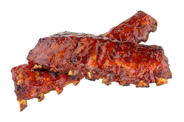 Slow cooked Peking style racks of pork ribs with a sticky plum sauce covering isolated on a white...