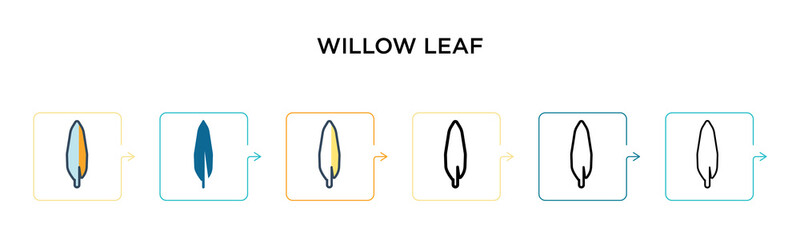 Willow leaf vector icon in 6 different modern styles. Black, two colored willow leaf icons designed in filled, outline, line and stroke style. Vector illustration can be used for web, mobile, ui