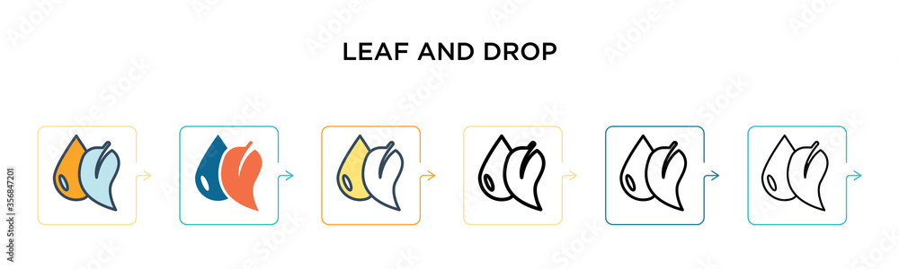 Poster leaf and drop vector icon in 6 different modern styles. black, two colored leaf and drop icons desig