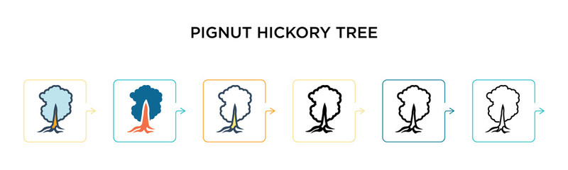 Pignut hickory tree vector icon in 6 different modern styles. Black, two colored pignut hickory tree icons designed in filled, outline, line and stroke style. Vector illustration can be used for web,