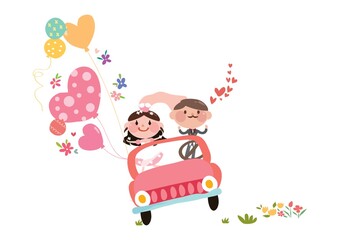 wedding couple in a car