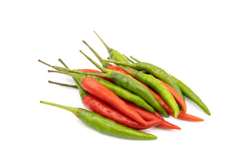 A pile of red peppers and green peppers isolated on a white background.