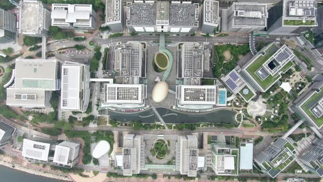 Hong Kong Science Park with Charles K. Kao auditorium unique shaped building, Top down aerial view.