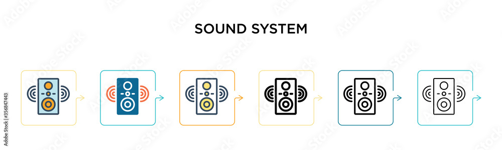 Poster sound system vector icon in 6 different modern styles. black, two colored sound system icons designe