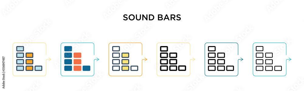 Poster sound bars vector icon in 6 different modern styles. black, two colored sound bars icons designed in