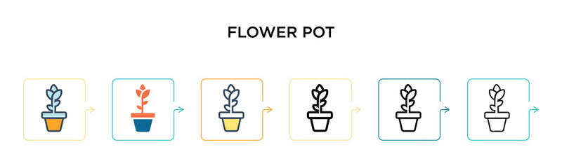 Flower pot vector icon in 6 different modern styles. Black, two colored flower pot icons designed in filled, outline, line and stroke style. Vector illustration can be used for web, mobile, ui