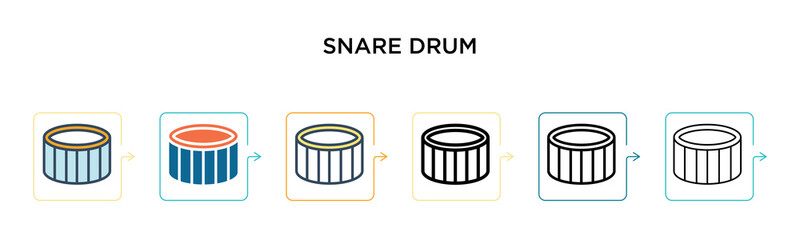 Snare drum vector icon in 6 different modern styles. Black, two colored snare drum icons designed in filled, outline, line and stroke style. Vector illustration can be used for web, mobile, ui