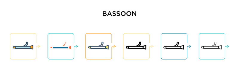 Bassoon vector icon in 6 different modern styles. Black, two colored bassoon icons designed in filled, outline, line and stroke style. Vector illustration can be used for web, mobile, ui