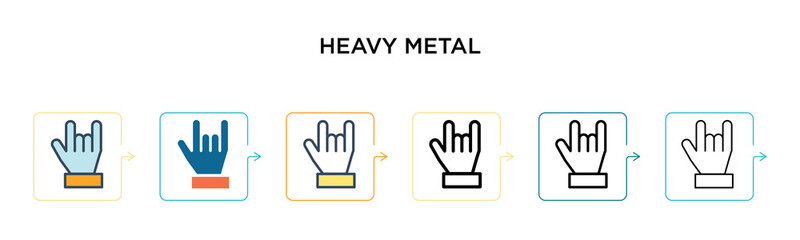 Heavy metal vector icon in 6 different modern styles. Black, two colored heavy metal icons designed in filled, outline, line and stroke style. Vector illustration can be used for web, mobile, ui