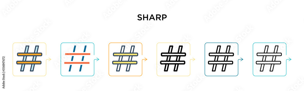 Aufkleber sharp vector icon in 6 different modern styles. black, two colored sharp icons designed in filled, o