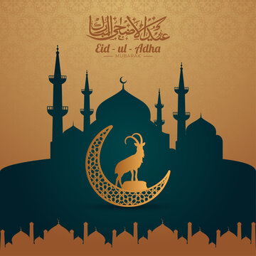 Arabic Calligraphy of Eid-Al-Adha Mubarak Text with Crescent Moon, Goat and Green Silhouette Mosque on Golden Mandala Pattern Background.