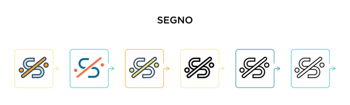 Segno vector icon in 6 different modern styles. Black, two colored segno icons designed in filled, outline, line and stroke style. Vector illustration can be used for web, mobile, ui