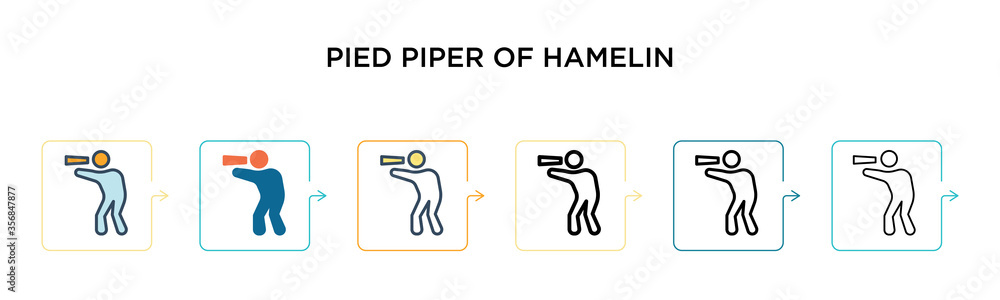Poster pied piper of hamelin vector icon in 6 different modern styles. black, two colored pied piper of ham