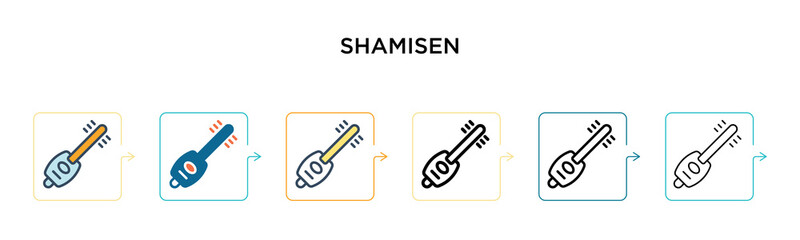 Fototapeta premium Shamisen vector icon in 6 different modern styles. Black, two colored shamisen icons designed in filled, outline, line and stroke style. Vector illustration can be used for web, mobile, ui