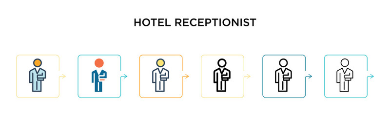 Hotel receptionist vector icon in 6 different modern styles. Black, two colored hotel receptionist icons designed in filled, outline, line and stroke style. Vector illustration can be used for web,