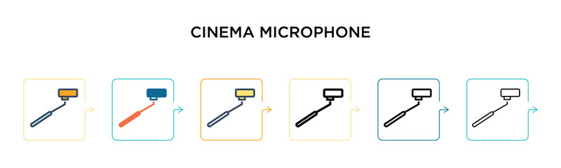 Cinema microphone vector icon in 6 different modern styles. Black, two colored cinema microphone icons designed in filled, outline, line and stroke style. Vector illustration can be used for web,
