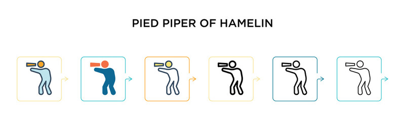 Pied piper of hamelin vector icon in 6 different modern styles. Black, two colored pied piper of hamelin icons designed in filled, outline, line and stroke style. Vector illustration can be used for