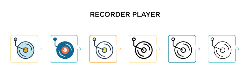 Recorder player vector icon in 6 different modern styles. Black, two colored recorder player icons designed in filled, outline, line and stroke style. Vector illustration can be used for web, mobile,