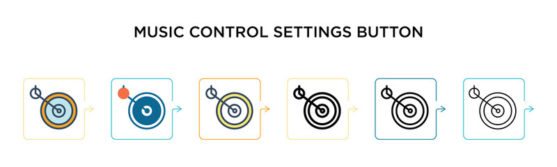 Music control settings button vector icon in 6 different modern styles. Black, two colored music control settings button icons designed in filled, outline, line and stroke style. Vector illustration