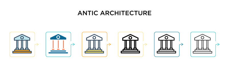 Antic architecture vector icon in 6 different modern styles. Black, two colored antic architecture icons designed in filled, outline, line and stroke style. Vector illustration can be used for web,