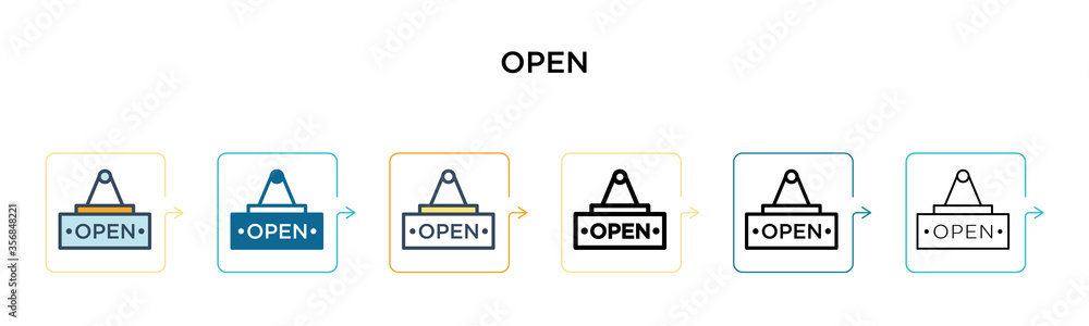 Poster open vector icon in 6 different modern styles. black, two colored open icons designed in filled, out