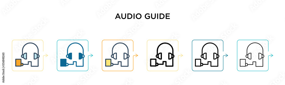 Poster audio guide vector icon in 6 different modern styles. black, two colored audio guide icons designed 