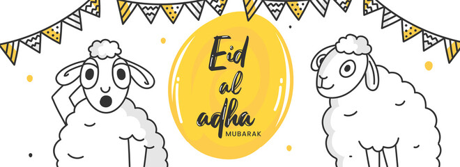 Eid-Al-Adha Mubarak Font with Line Art Cartoon Funny Sheeps and Bunting Flags Decorated on White Background.