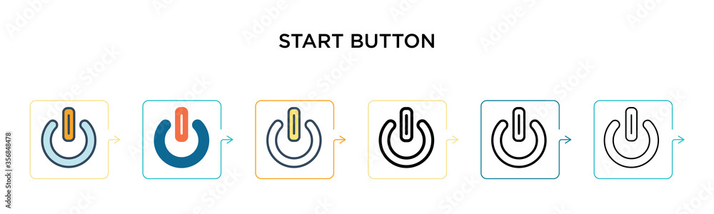 Poster start button vector icon in 6 different modern styles. black, two colored start button icons designe