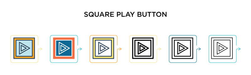 Square play button vector icon in 6 different modern styles. Black, two colored square play button icons designed in filled, outline, line and stroke style. Vector illustration can be used for web,