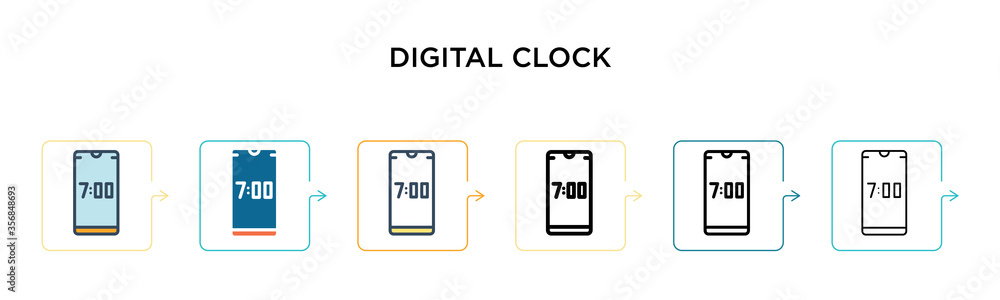 Poster digital clock vector icon in 6 different modern styles. black, two colored digital clock icons desig