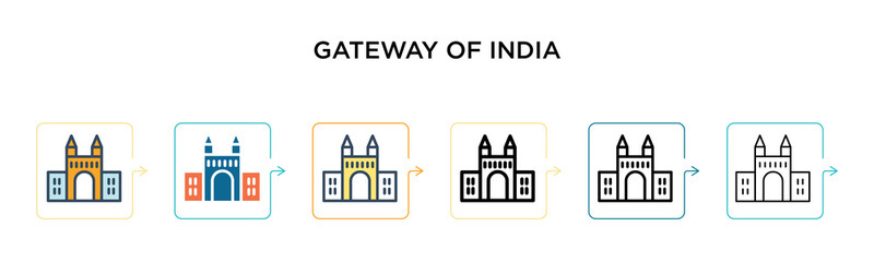 Fototapeta na wymiar Gateway of india vector icon in 6 different modern styles. Black, two colored gateway of india icons designed in filled, outline, line and stroke style. Vector illustration can be used for web,