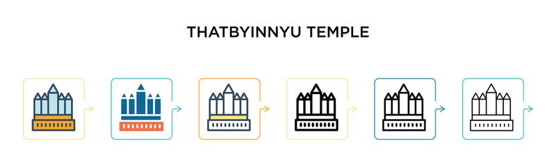Thatbyinnyu temple vector icon in 6 different modern styles. Black, two colored thatbyinnyu temple icons designed in filled, outline, line and stroke style. Vector illustration can be used for web,