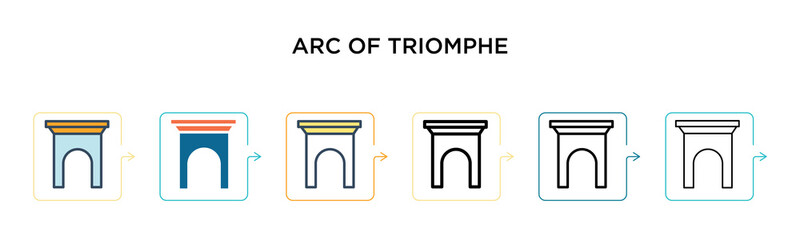 Arc of triomphe vector icon in 6 different modern styles. Black, two colored arc of triomphe icons designed in filled, outline, line and stroke style. Vector illustration can be used for web, mobile,