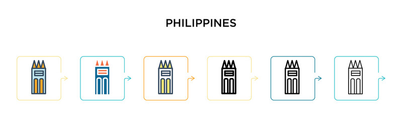 Philippines vector icon in 6 different modern styles. Black, two colored philippines icons designed in filled, outline, line and stroke style. Vector illustration can be used for web, mobile, ui