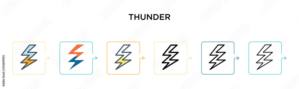 Poster thunder vector icon in 6 different modern styles. black, two colored thunder icons designed in fille