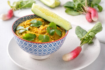 Indian dish deep dal with fresh vegetables - radishes and cucumbers. Horizontal composition. Vegan...