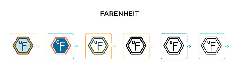 Farenheit vector icon in 6 different modern styles. Black, two colored farenheit icons designed in filled, outline, line and stroke style. Vector illustration can be used for web, mobile, ui